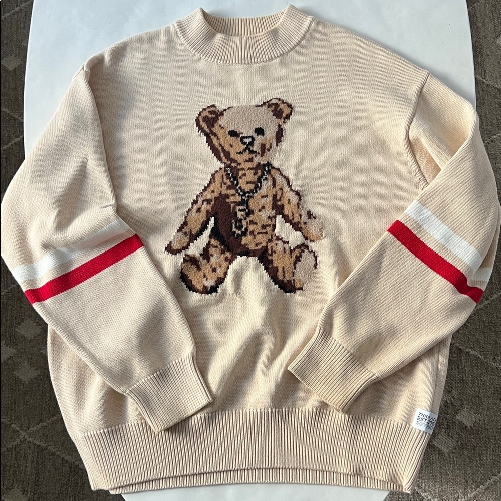 JOYRICH Teddy Bear Preppy Heavyweight Knit Beige Sweater Men's Large - Picture 2 of 11